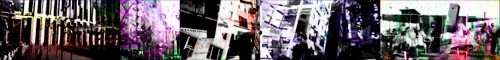 black and white architectural structures with color overlays