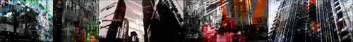 black and white architectural structures with color overlays